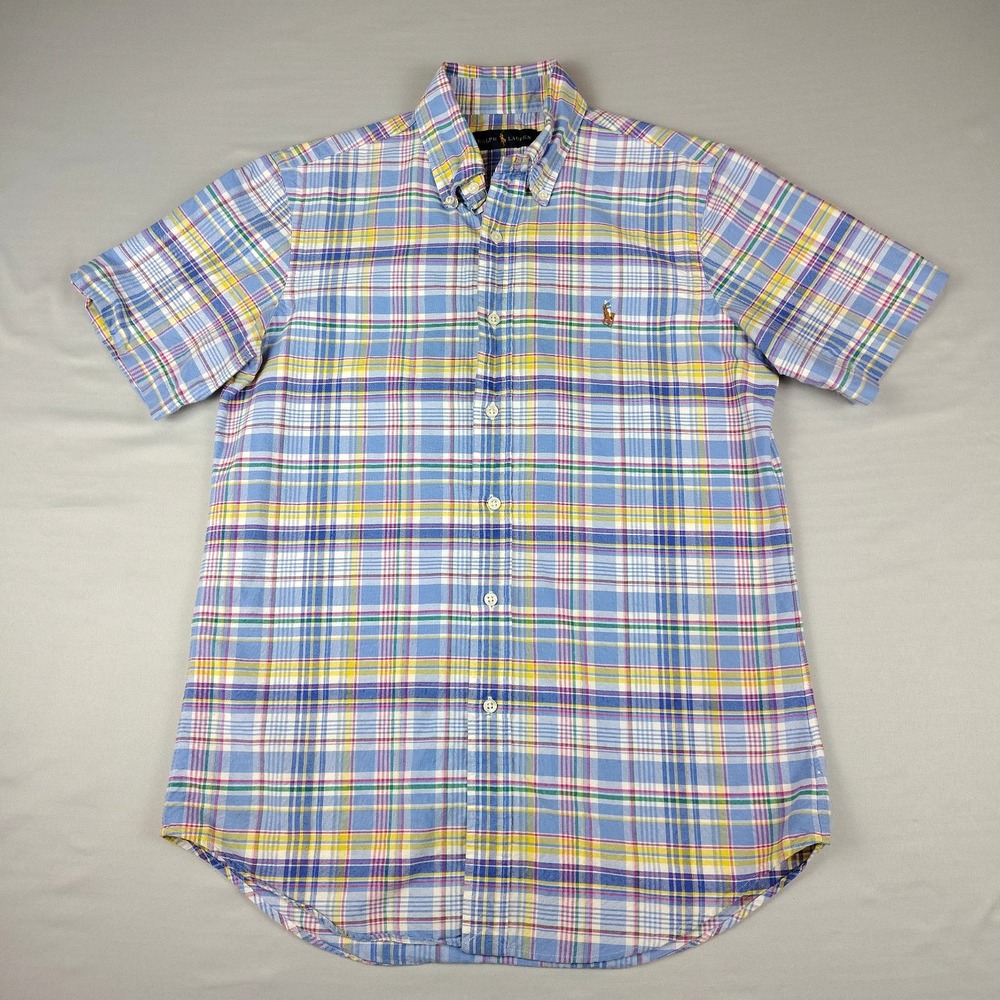 Ralph Lauren Men's S Madras Plaid Shirt Short Sleeve Pony Cotton Blue Yellow Wht